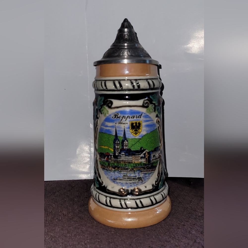 Vintage German Ceramic Beer Stein with Pewter Lid